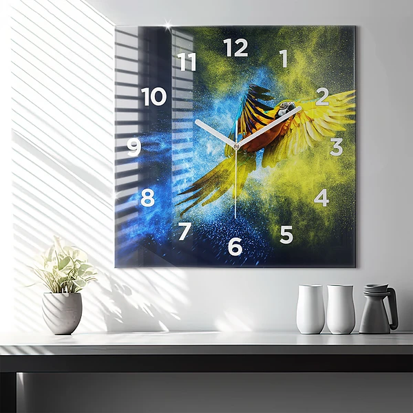 Wanduhr modern quadratisch Bunter Papagei