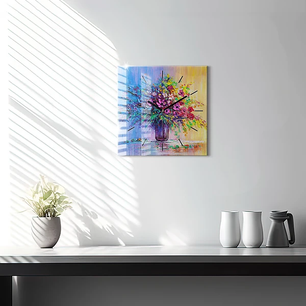 Wanduhr modern quadratisch Blumen in einer Vase
