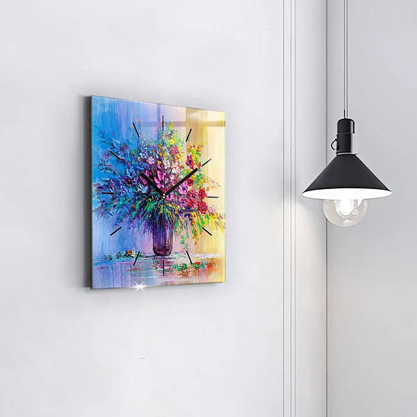 Wanduhr modern quadratisch Blumen in einer Vase