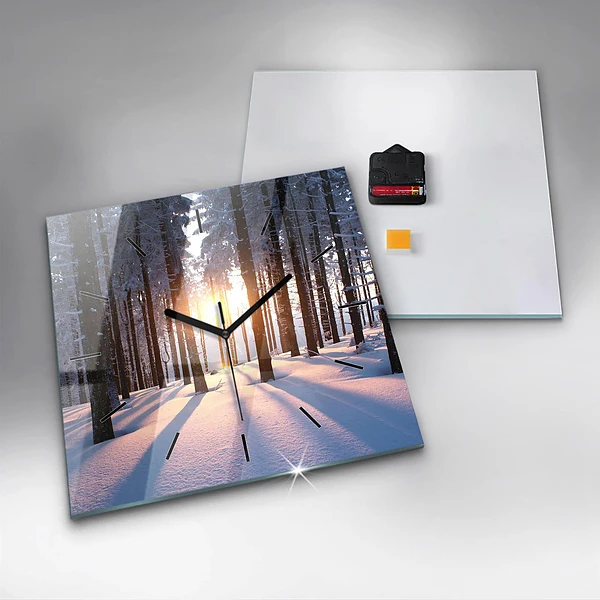 Wanduhr quadratisch mit motiv Sonnenuntergang Wald
