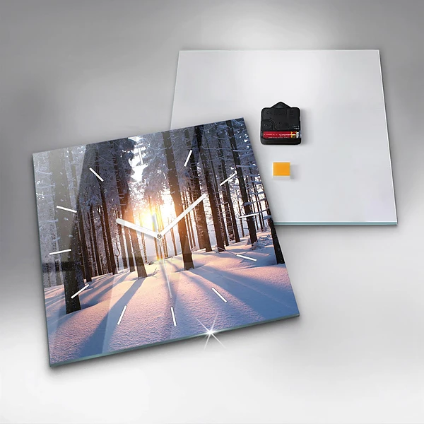 Wanduhr quadratisch mit motiv Sonnenuntergang Wald
