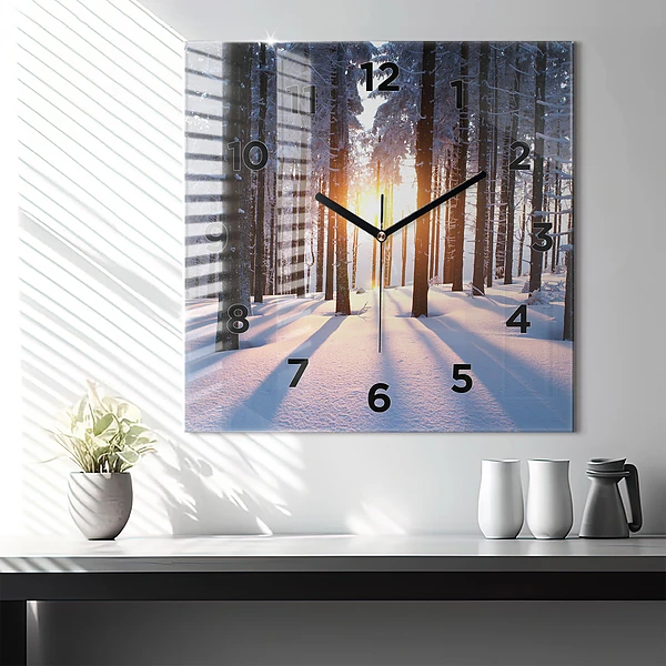 Wanduhr quadratisch mit motiv Sonnenuntergang Wald