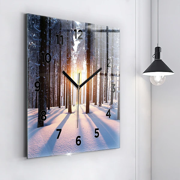 Wanduhr quadratisch mit motiv Sonnenuntergang Wald