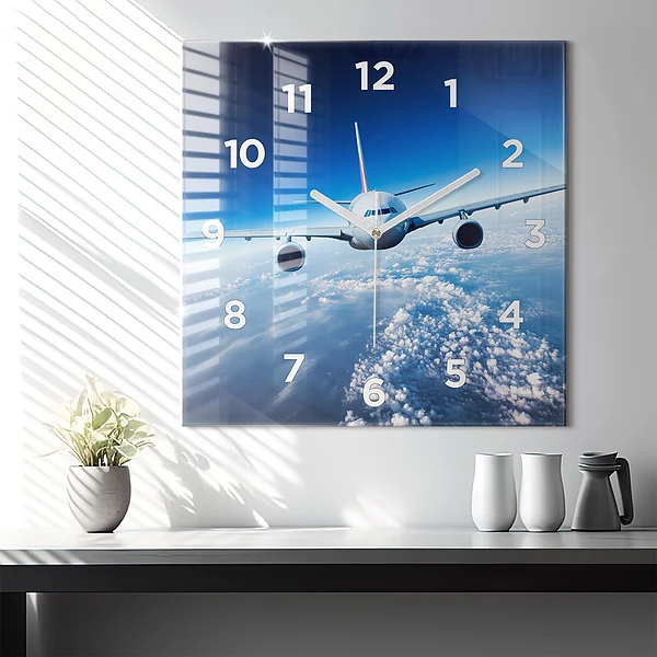 Wanduhr quadratisch mit motiv Flugzeug Wolken