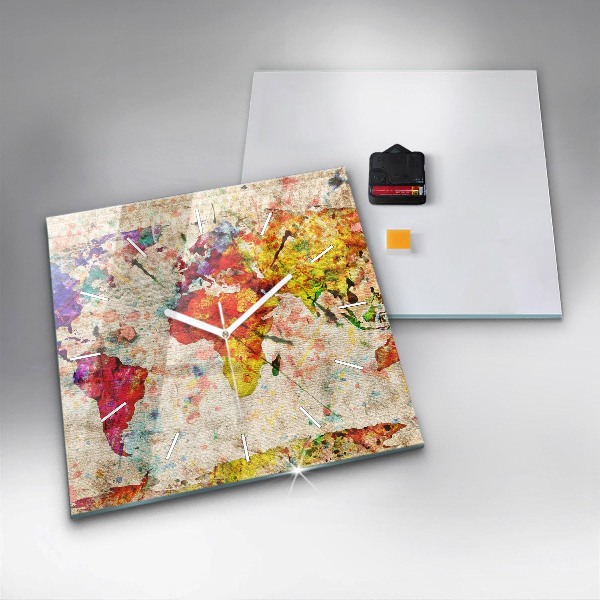 Wanduhr quadratisch Farbige Weltkarte