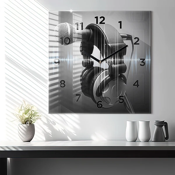 Wanduhr modern quadratisch Mikrofon und Kopfhörer