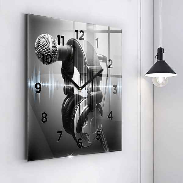 Wanduhr modern quadratisch Mikrofon und Kopfhörer