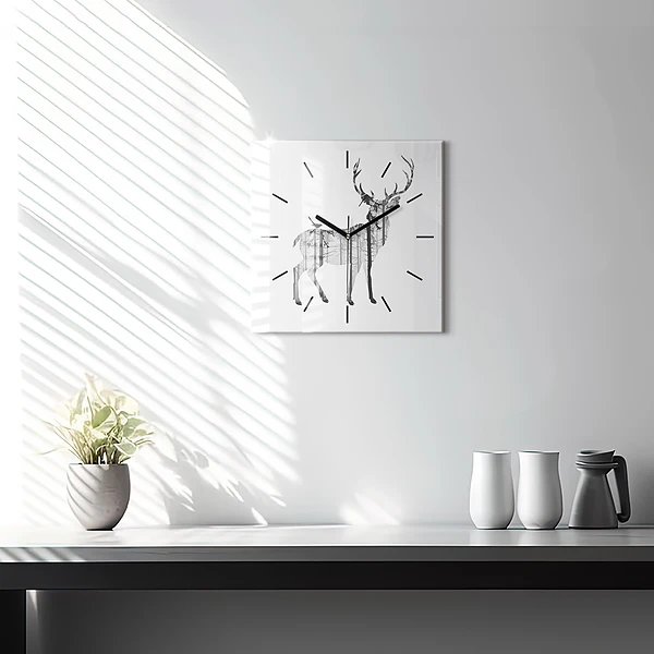 Wanduhr quadratisch Silhouette eines Rehs Wald