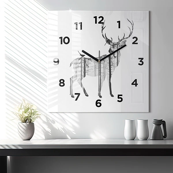Wanduhr quadratisch Silhouette eines Rehs Wald