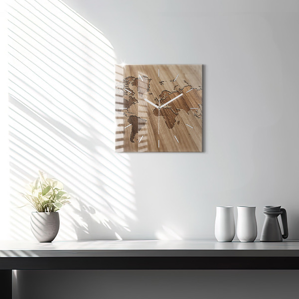 Wanduhr modern quadratisch Weltkarte auf Holz
