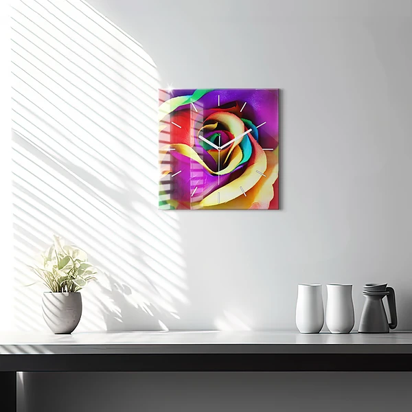 Wanduhr quadratisch mit motiv Regenbogenrose
