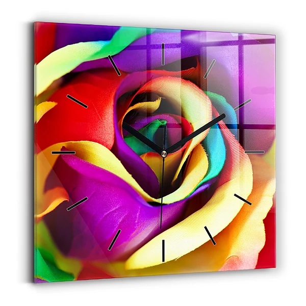 Wanduhr quadratisch mit motiv Regenbogenrose