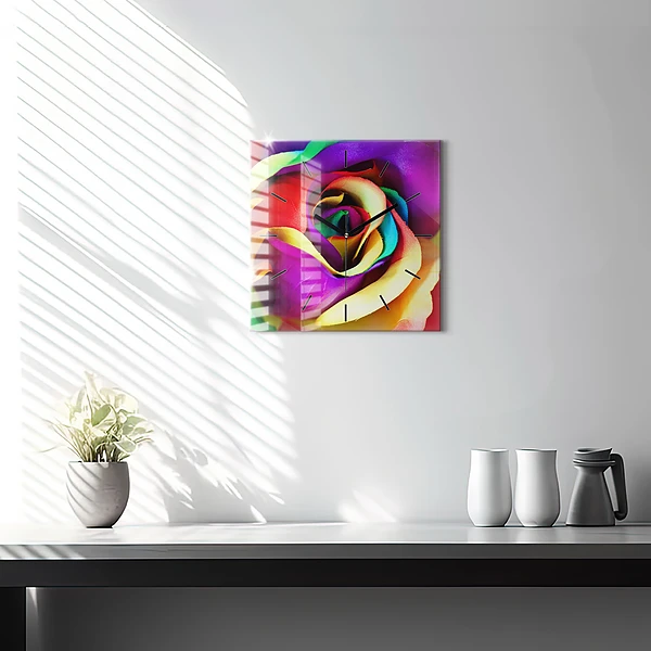 Wanduhr quadratisch mit motiv Regenbogenrose