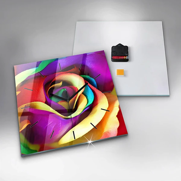 Wanduhr quadratisch mit motiv Regenbogenrose