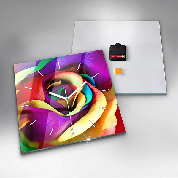Wanduhr quadratisch mit motiv Regenbogenrose