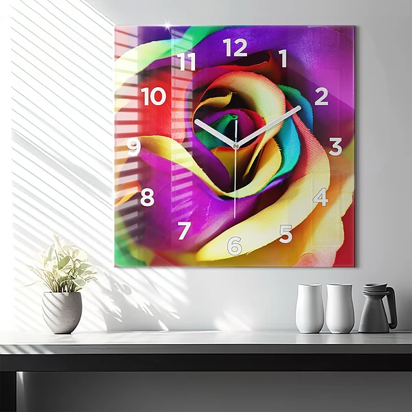 Wanduhr quadratisch mit motiv Regenbogenrose