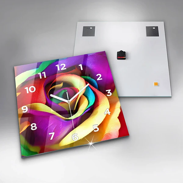 Wanduhr quadratisch mit motiv Regenbogenrose