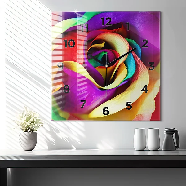 Wanduhr quadratisch mit motiv Regenbogenrose