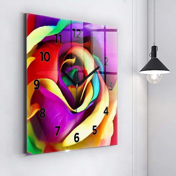Wanduhr quadratisch mit motiv Regenbogenrose