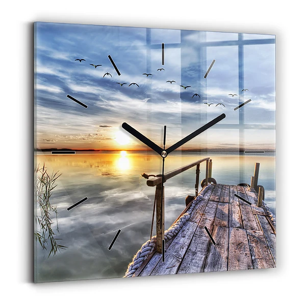 Wanduhr modern quadratisch Sonnenuntergang See