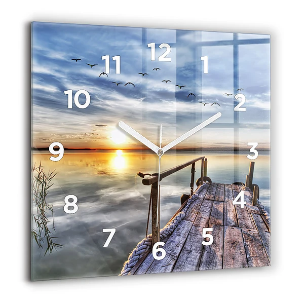 Wanduhr modern quadratisch Sonnenuntergang See