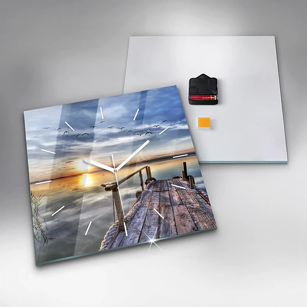 Wanduhr modern quadratisch Sonnenuntergang See