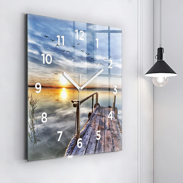 Wanduhr modern quadratisch Sonnenuntergang See