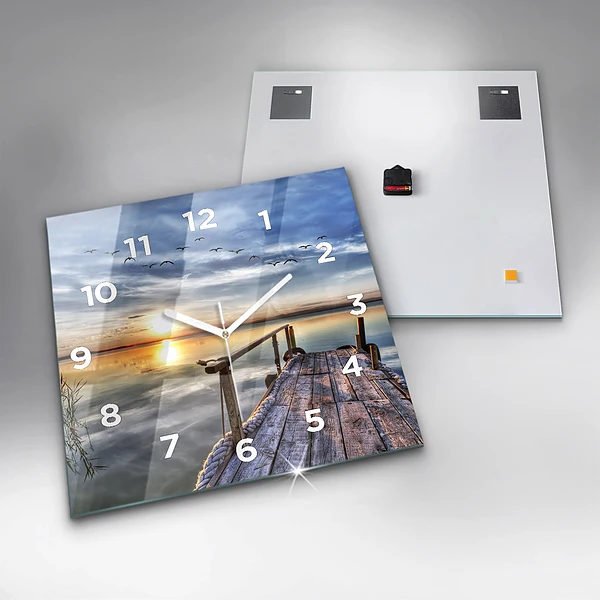 Wanduhr modern quadratisch Sonnenuntergang See