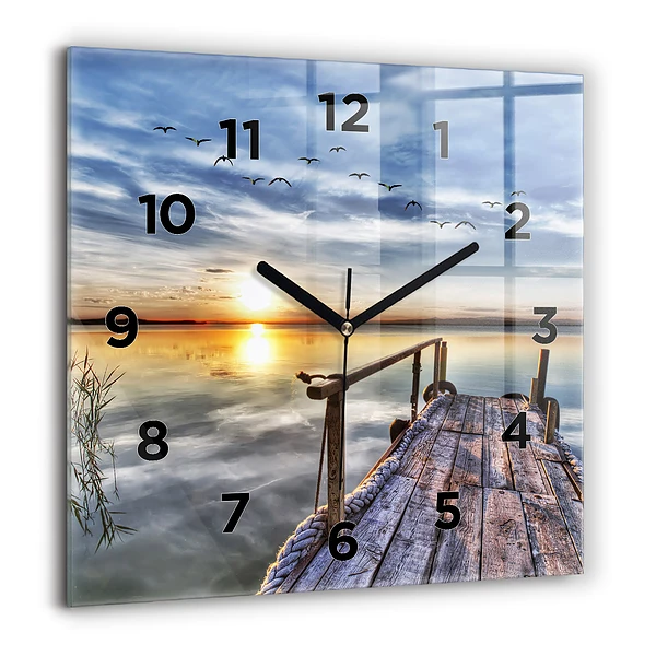 Wanduhr modern quadratisch Sonnenuntergang See