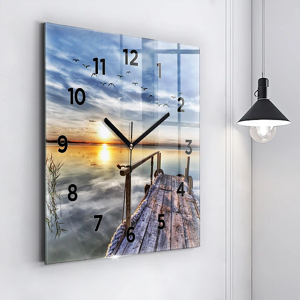 Wanduhr modern quadratisch Sonnenuntergang See