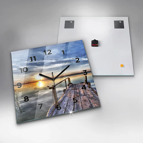Wanduhr modern quadratisch Sonnenuntergang See