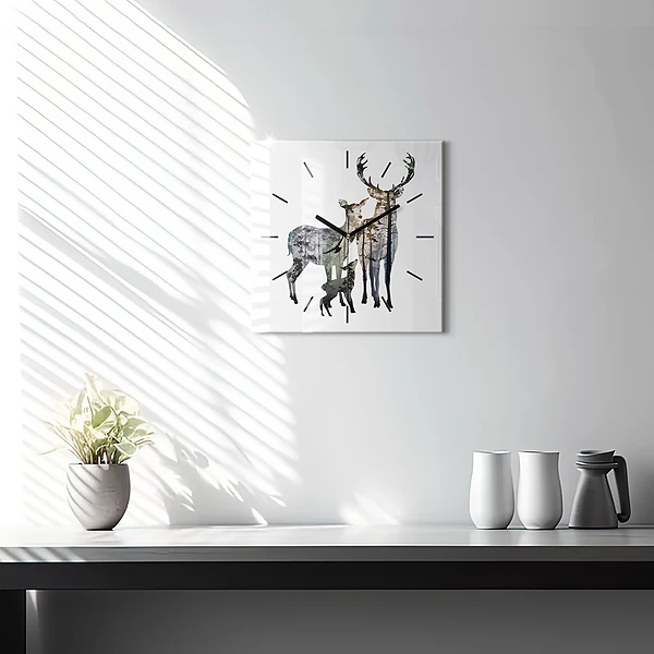 Wanduhr modern quadratisch Hirsch-Familie