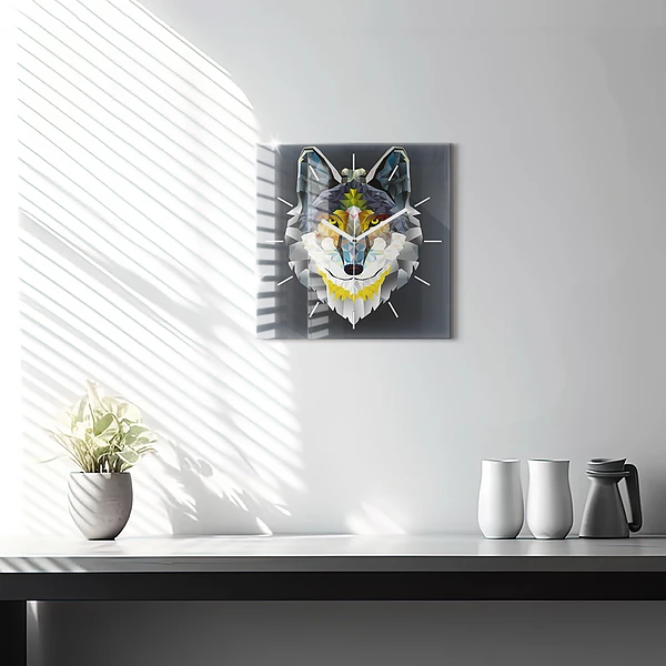 Wanduhr quadratisch Wolfskopf