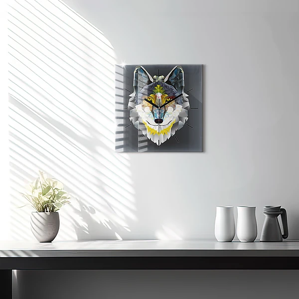 Wanduhr quadratisch Wolfskopf