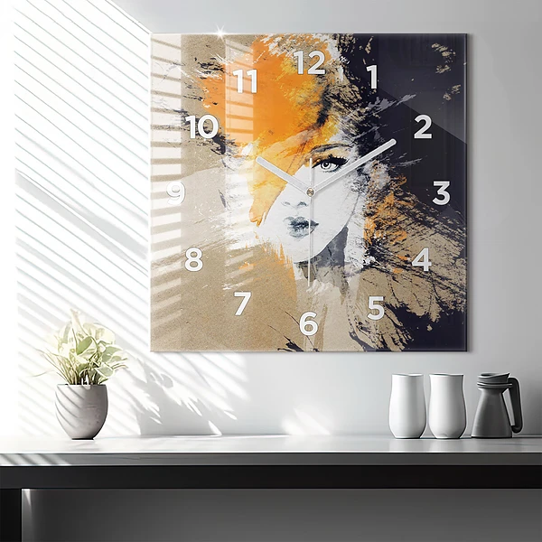 Wanduhr quadratisch mit motiv Portrait einer Frau abstrakt