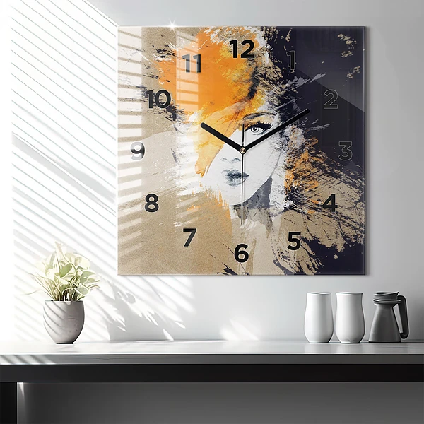 Wanduhr quadratisch mit motiv Portrait einer Frau abstrakt