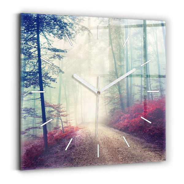 Wanduhr quadratisch mit motiv Herbststraße Waldnebel
