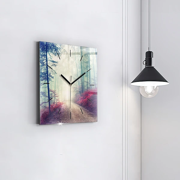 Wanduhr quadratisch mit motiv Herbststraße Waldnebel