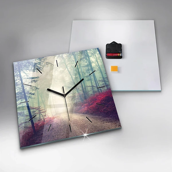 Wanduhr quadratisch mit motiv Herbststraße Waldnebel