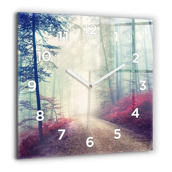 Wanduhr quadratisch mit motiv Herbststraße Waldnebel
