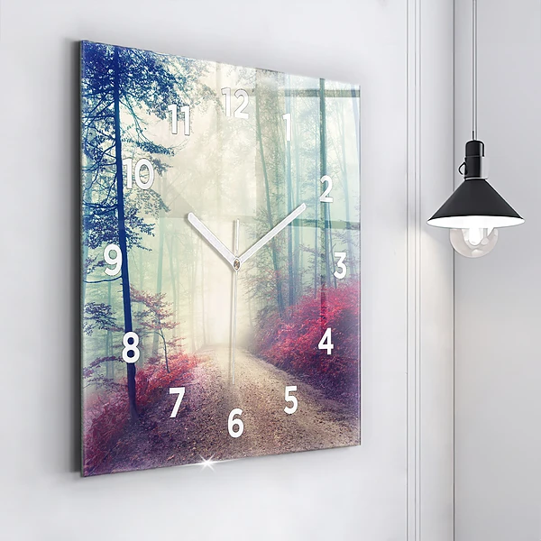 Wanduhr quadratisch mit motiv Herbststraße Waldnebel