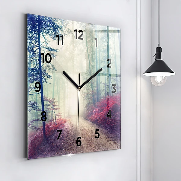 Wanduhr quadratisch mit motiv Herbststraße Waldnebel