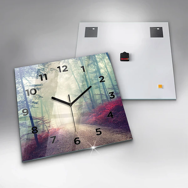 Wanduhr quadratisch mit motiv Herbststraße Waldnebel