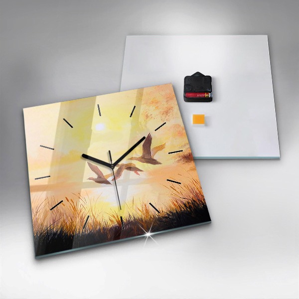 Wanduhr quadratisch Kraniche bei Sonnenuntergang