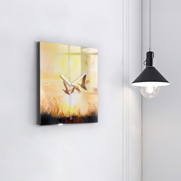 Wanduhr quadratisch Kraniche bei Sonnenuntergang