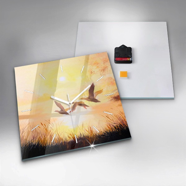 Wanduhr quadratisch Kraniche bei Sonnenuntergang