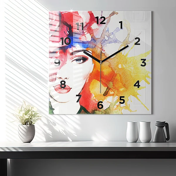 Wanduhr quadratisch mit motiv Buntes Porträt einer Frau
