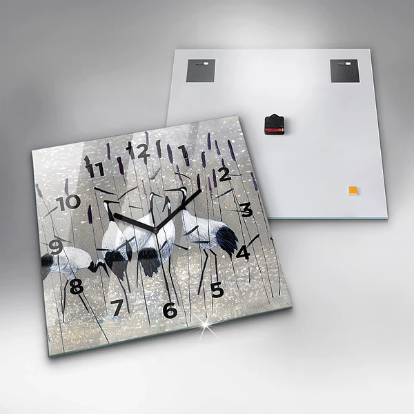 Wanduhr quadratisch Kraniche im Schilf