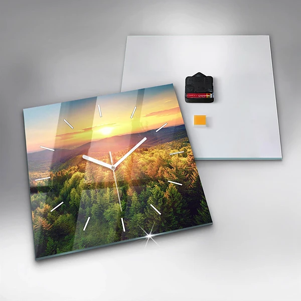 Wanduhr modern quadratisch Sonnenuntergang über den Hügeln