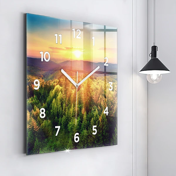 Wanduhr modern quadratisch Sonnenuntergang über den Hügeln